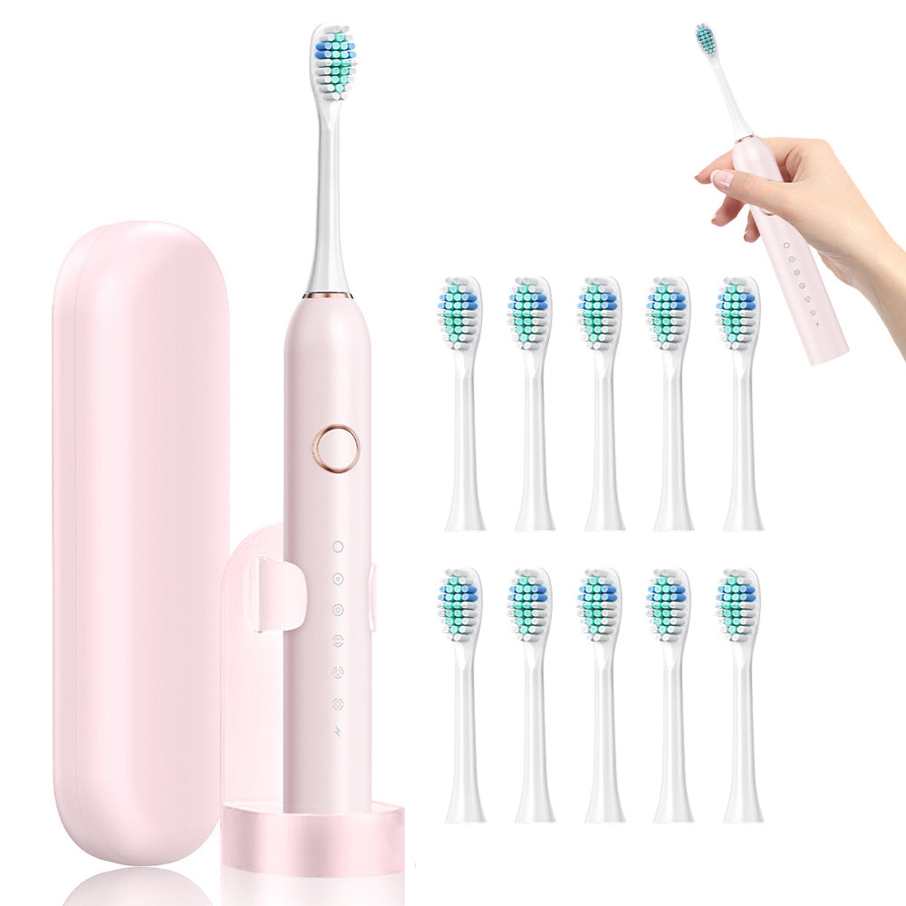 6-Mode Electric Toothbrush with 10 Brush Heads Rechargeable  Toothbrush Set for Home Travel Pink