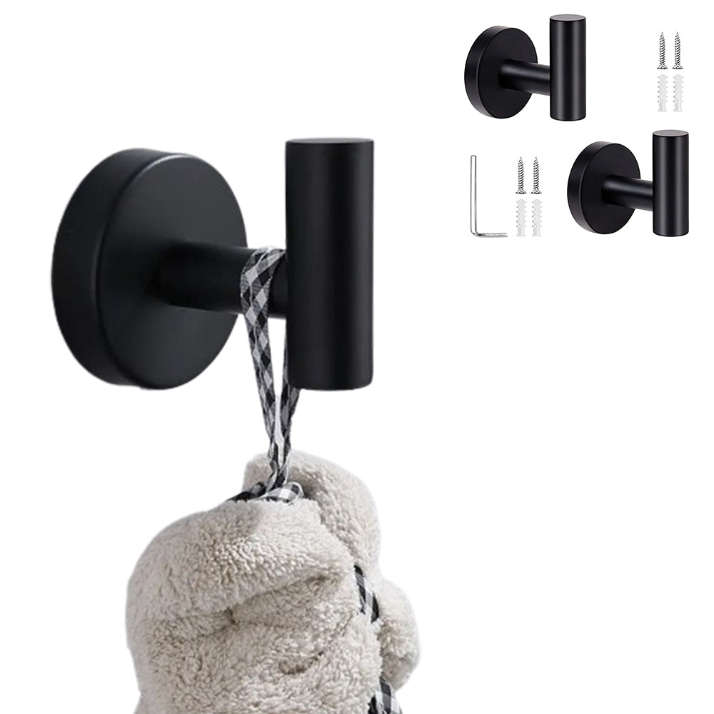 2Pcs Set Bathroom Towel Hook Wall Mounted Robes Holder Stainless Steel Clothing Hanger Black