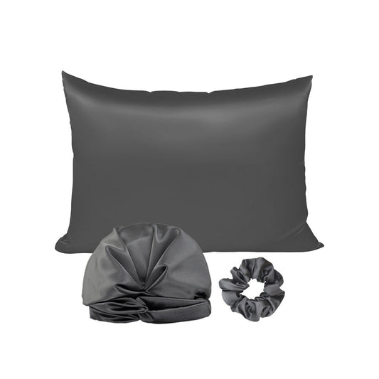 Simulated Silk Standard Pillow Case with Sleeping Bonnet Hair Scrunchy for Hair and Skin Protection Dark Gray