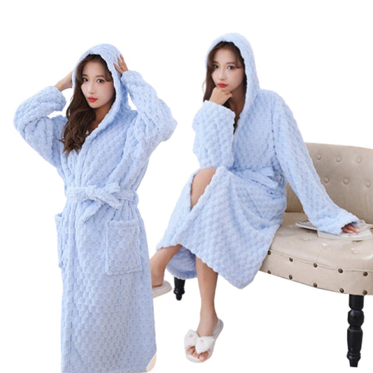 Women Bathrobe Long Winter Warm Wearable Bathrobe Blue