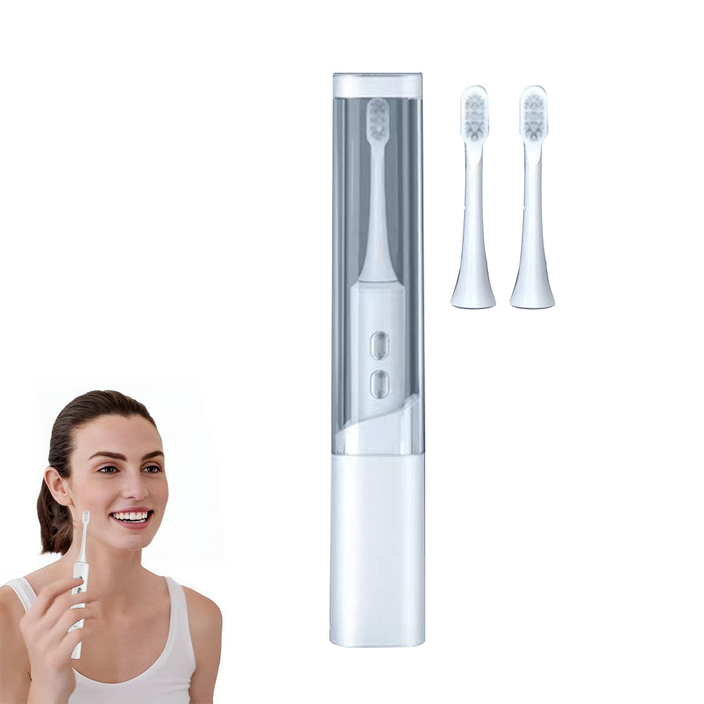 Travel Electric Toothbrush Self-Cleaning Vibration Toothbrush with 2Pcs Replacement Brush Head and Disinfection Storage Case White