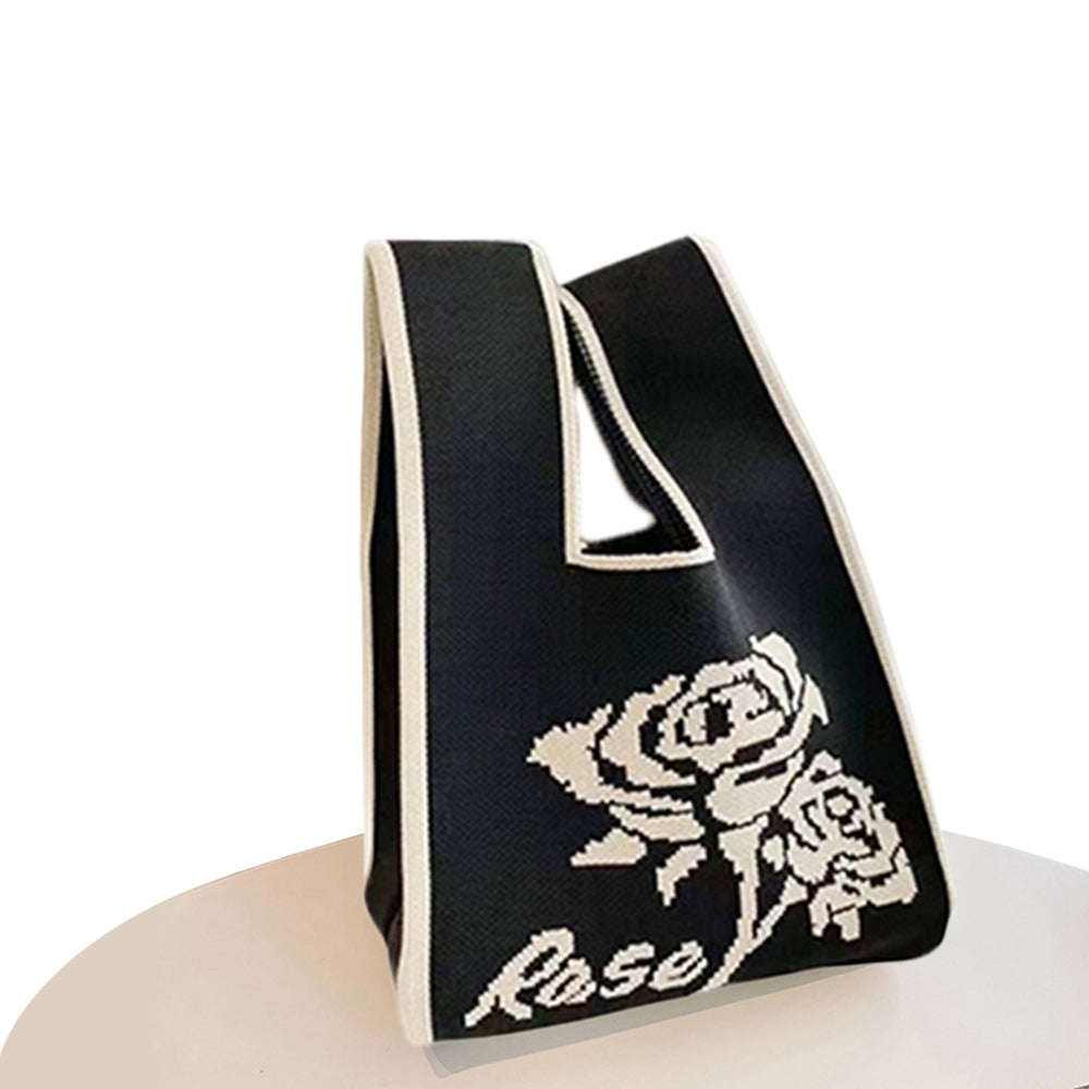 Hooking Tote Bag Small Cute Knot Wristlet Knitted Bag Knitted Wrist Purse Black Rose