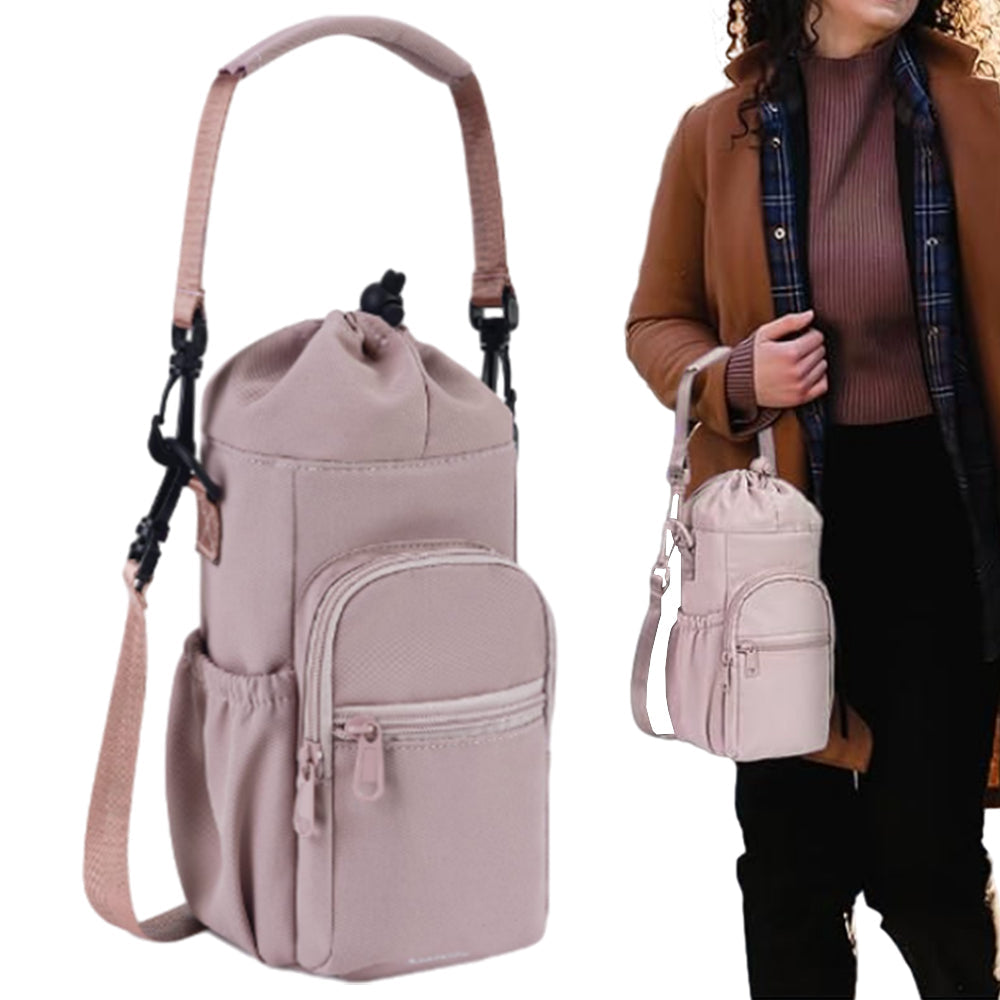 Multi-pocket Water Bottle Sleeve with Adjustable Strap Insulated Bottle Carrier Sling Bag for Walking Hiking Pink