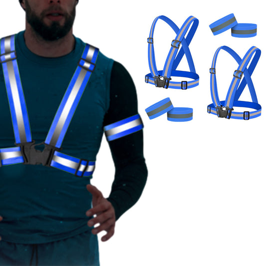 2Pcs Adjustable Reflective Vests and 4 Bands High-Visibility Elastic Gear for Night Running Cycling Blue