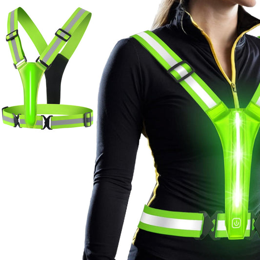 Adjustable LED Reflective Vest Rechargeable Running Gear with Night Light Green