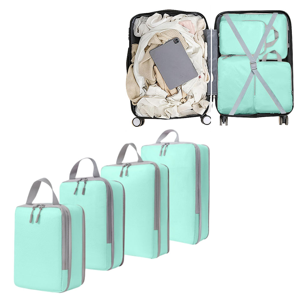 4Pcs Compression Packing Cubes Travel Luggage Storage Bags Organizers Lake Blue