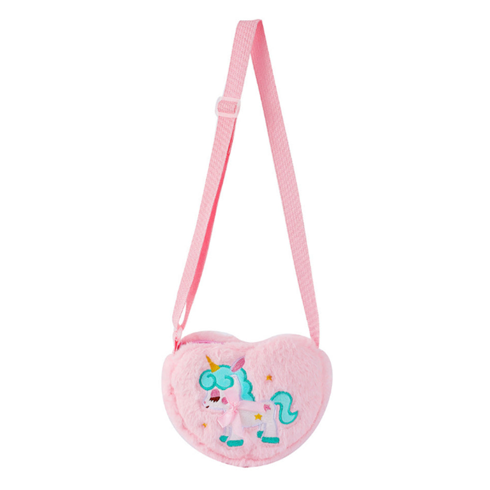Cute Plush Unicorn Crossbody Bag Heart Shape Zipper Shoulder Bag for Girls Pink