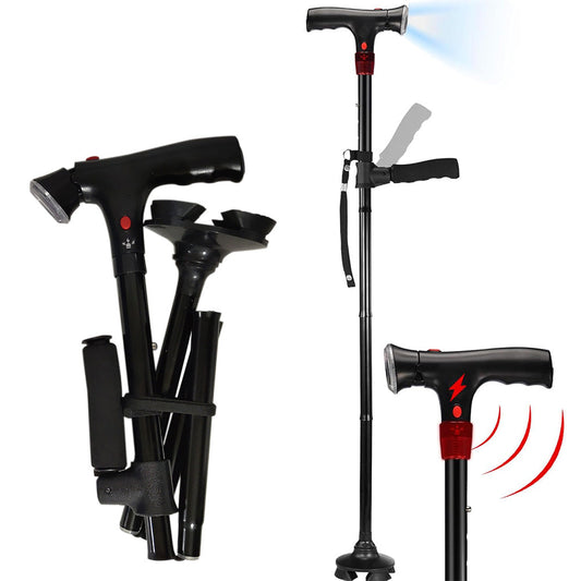 Walking Cane with LED Light Alarm Adjustable Dual Handles for Seniors and Adults