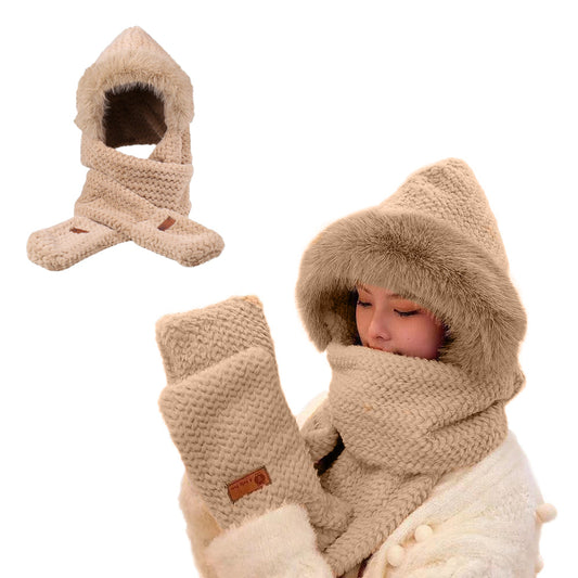 3-in-1 Hooded Scarf Hat Winter Warm Plush Hat with Gloves for Riding