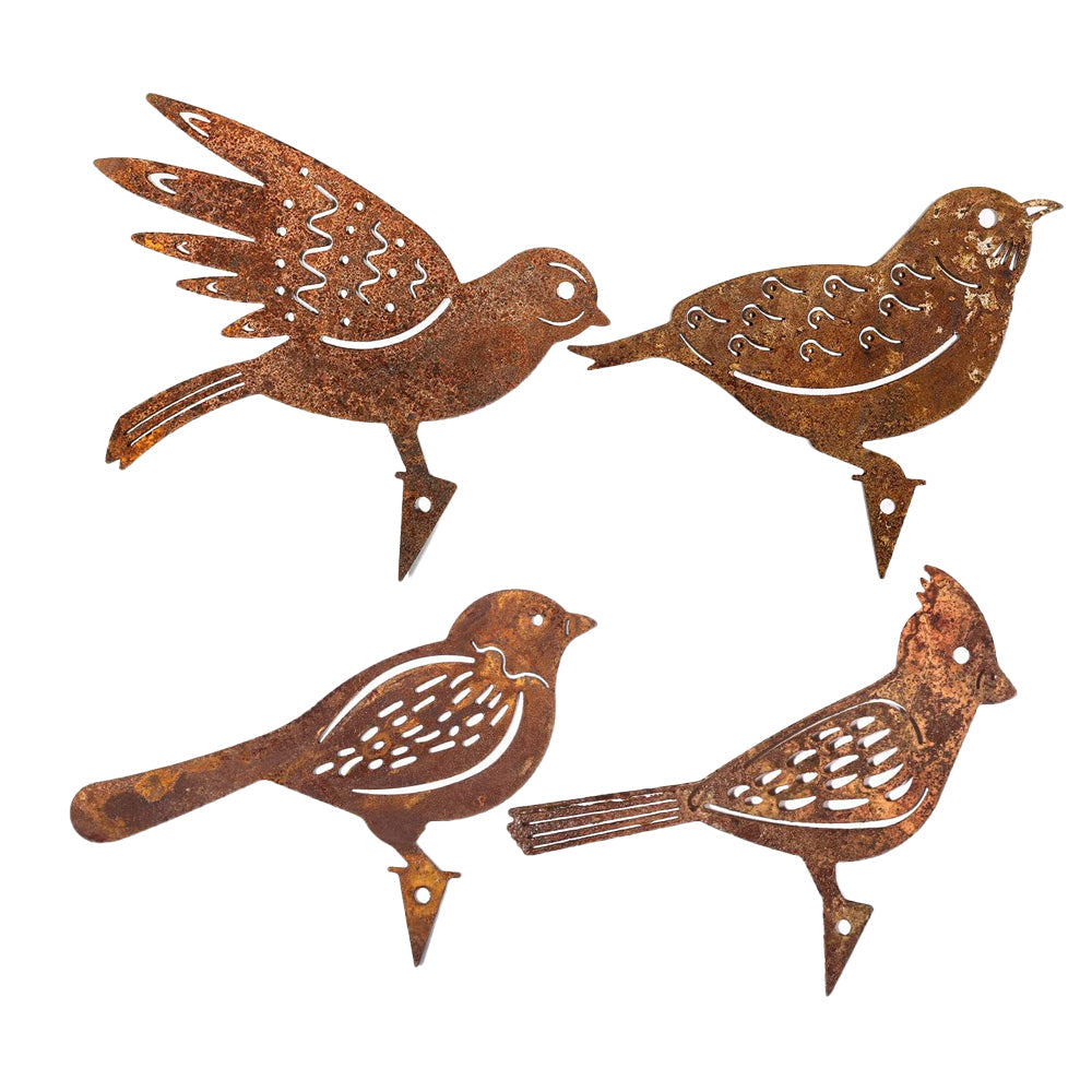 Set of 4Pcs Rusty Metal Birds Ornament Fence Garden Art Decor