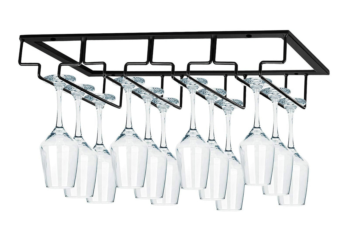 Wine Glass Rack Metal Stemware Holder 4 Rows Hanging Organizer for Bar Kitchen -Black