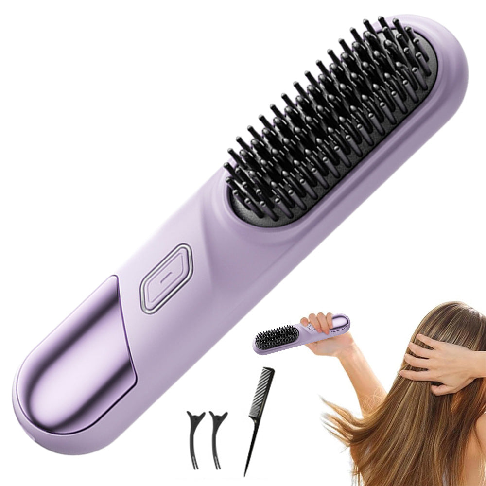 Cordless Hair Straightener Brush Portable Heating Hair Straightening Comb Purple