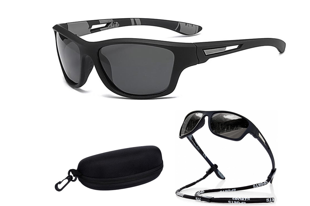Men Sunglasses Polarized Glasses Fishing Wrap Around Eyewear with Strap and Zippered Case-Black