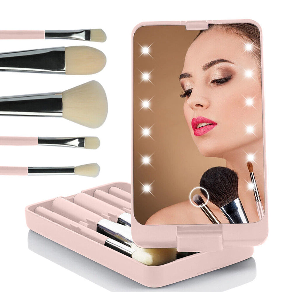 Rotating LED Vanity Mirror with 5 Cosmetic Brushes Portable Travel Makeup Mirror with Light Pink