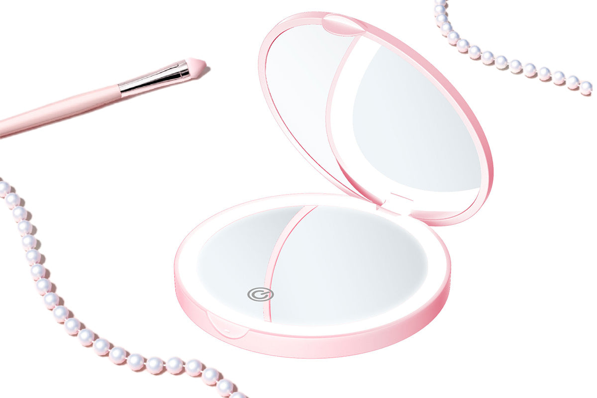 Mini Mirror With Lights Magnification LED Compact Mirror Travel Mirror For Pocket-Pink