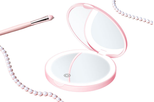 Mini Mirror With Lights Magnification LED Compact Mirror Travel Mirror For Pocket-Pink