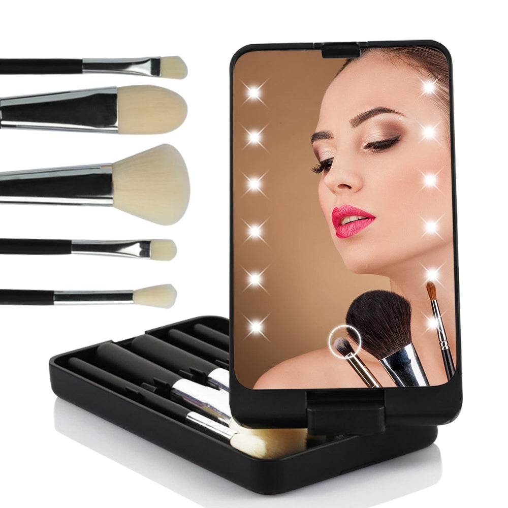 Rotating LED Vanity Mirror with 5 Cosmetic Brushes Portable Travel Makeup Mirror with Light Black