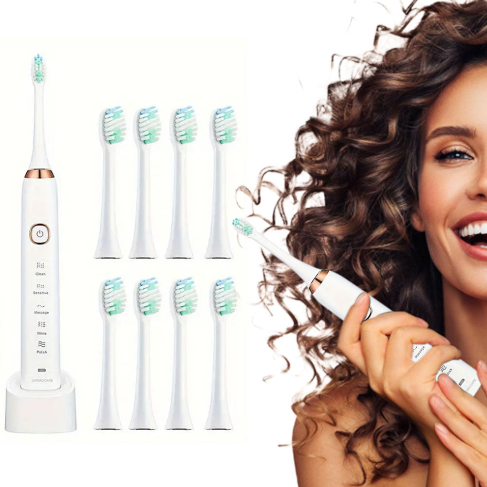 5-Mode Sonic Electric Toothbrush with 8 Brush Heads Travel Toothbrush with Case White