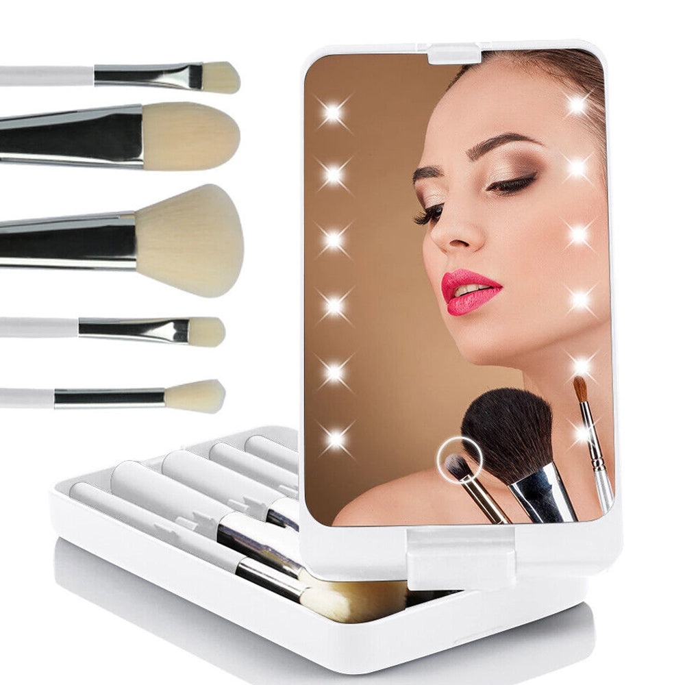 Rotating LED Vanity Mirror with 5 Cosmetic Brushes Portable Travel Makeup Mirror with Light White