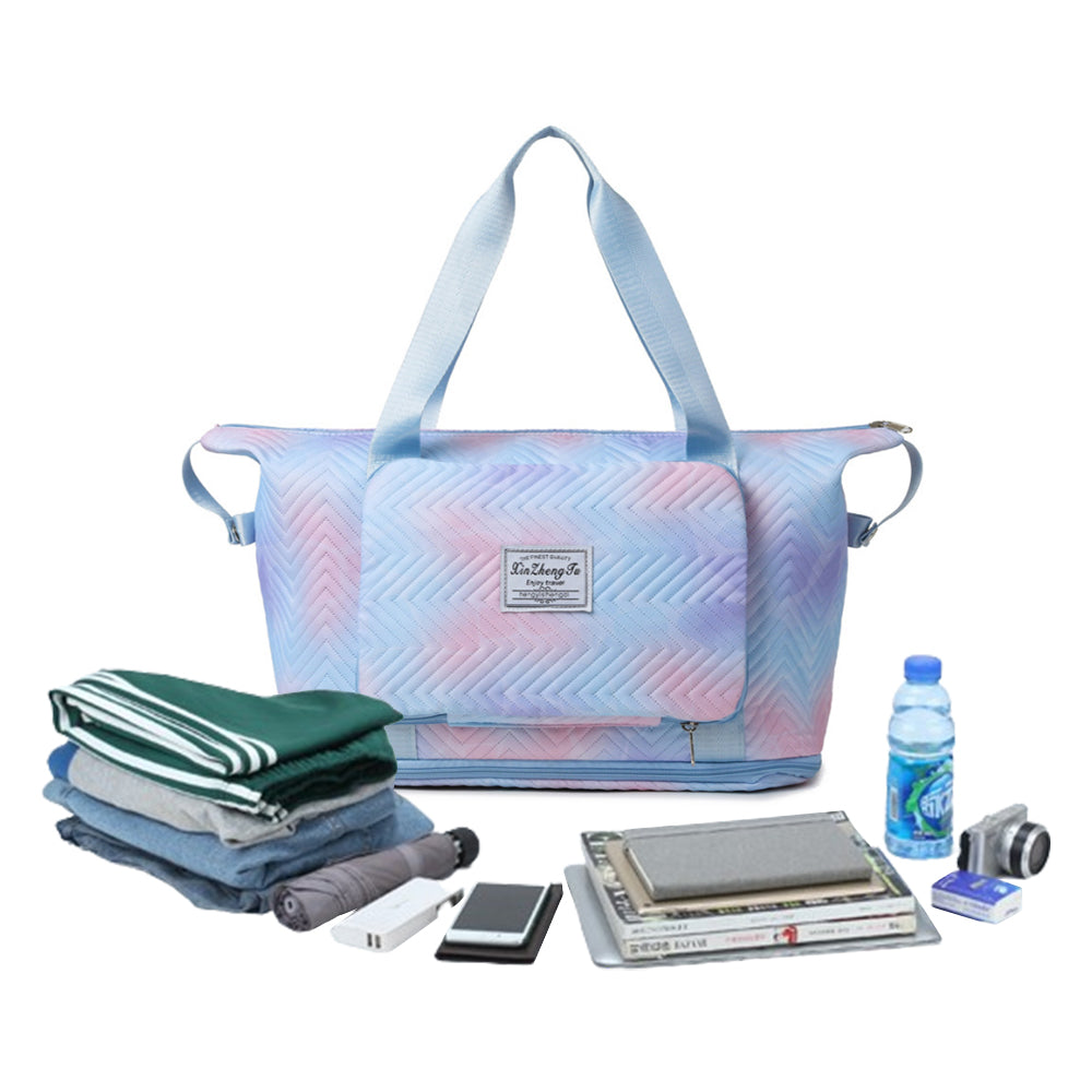 Trendy Gradient Duffle Bag Expandable Overnight Bag Foldable Carry On Bag with Dry Wet Separation Pocket Blue