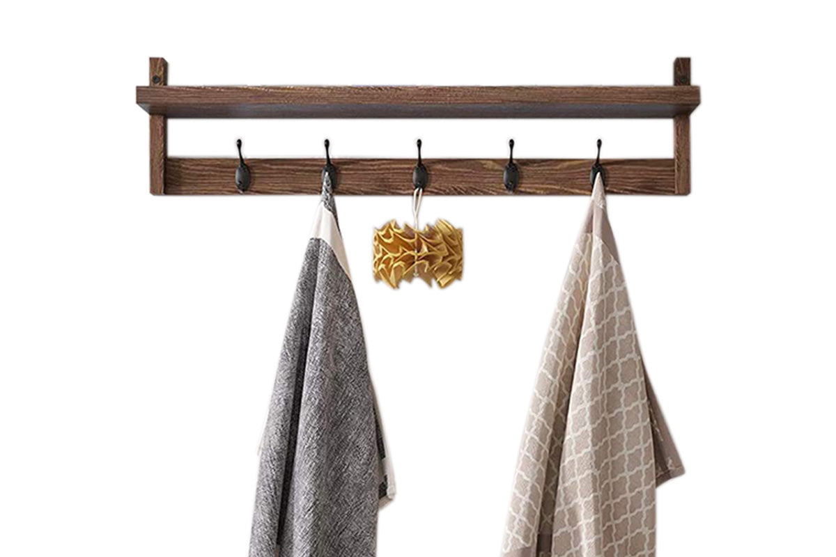 Wooden Coat Rack Wall Mount with Shelf 5 Hooks for Hanging Clothes