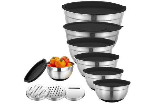 6Pcs Mixing Bowls with 3 Grater Attachments Stainless Steel Kitchen Stackable Bowls