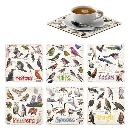 Set of 6  Funny Bird Pun Coasters Square Drink Cup Pad for Home Kitchen Bar Decor
