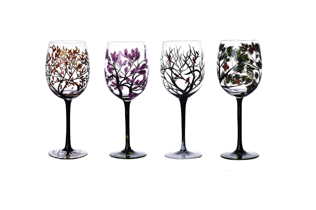 Hand Painted Fall Leaves Flower Seasons Colored Wine Glasses for Wine Cocktails