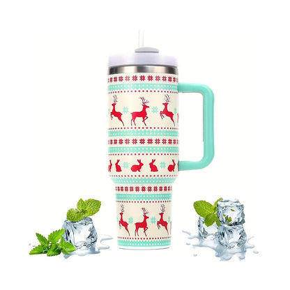 40oz Stainless Steel Christmas Pattern Water Bottle Thermal Mug Travel Tumbler Christmas Gifts Green