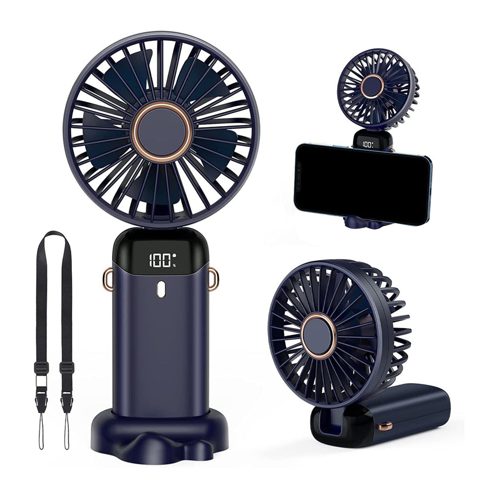 3-in-1 5 Speed USB Handheld Fan Mini Folding Digital Display Fan with Lanyard and Base Blue