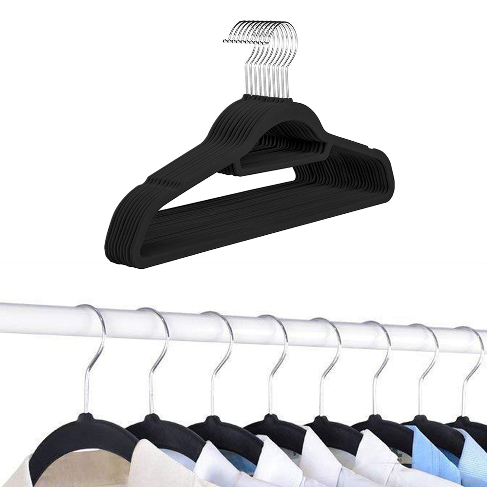 10Pcs Flocked Clothes Hanger Anti-Slip Hanger with 360 Degrees Swivel Hook for Suits Dresses Shirts Black