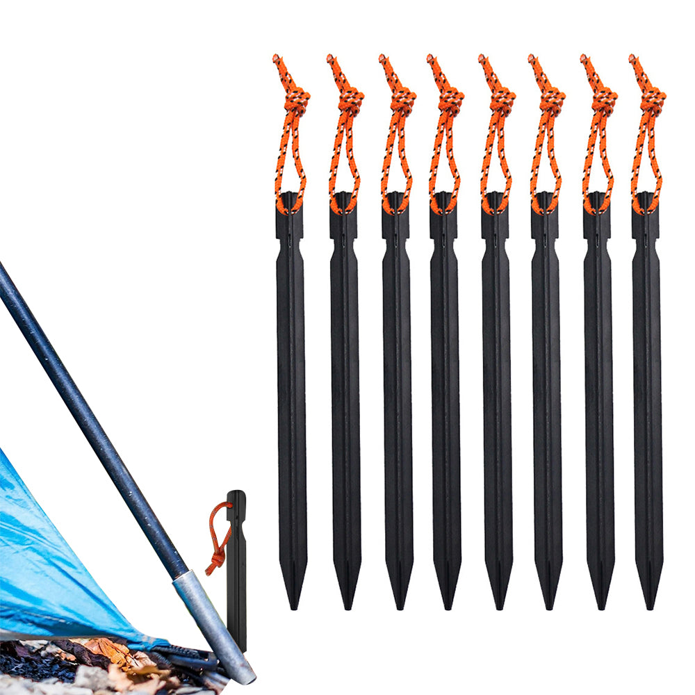8Pcs Aluminum Alloy Tent Stakes Outdoor Camping Trip Tent Peg with Rope Black
