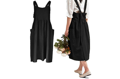 Cotton Linen Aprons Cross Back Apron with Pockets for Women with Pockets Pinafore Dress for Baking Cooking-Black