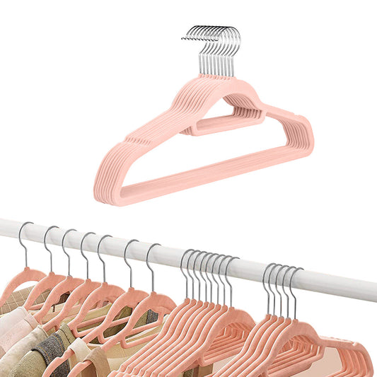 10Pcs Flocked Clothes Hanger Anti-Slip Hanger with 360 Degrees Swivel Hook for Suits Dresses Shirts Pink