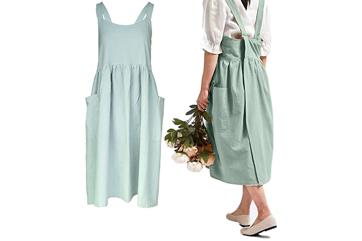 Cotton Linen Aprons Cross Back Apron with Pockets for Women with Pockets Pinafore Dress for Baking Cooking-Green