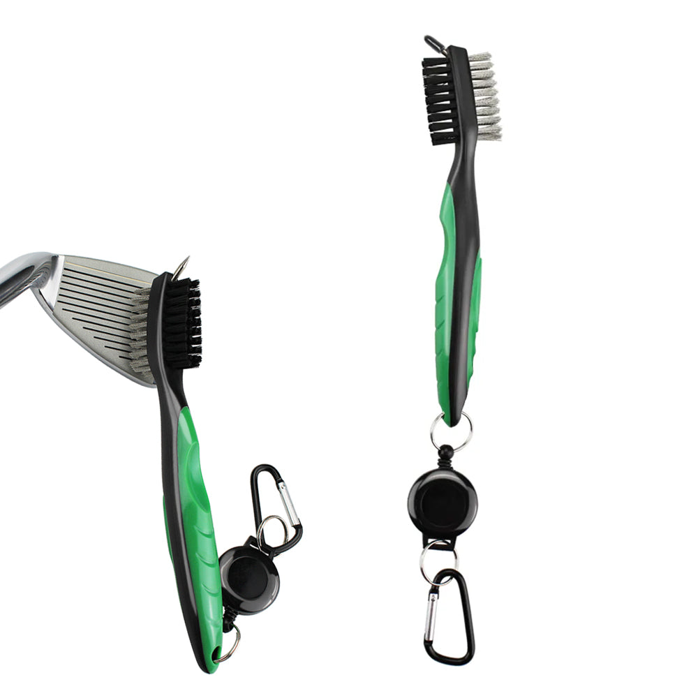 Double Sided Golf Cleaning Brush Club Brush and Groove Brush with Retractable Reel Green