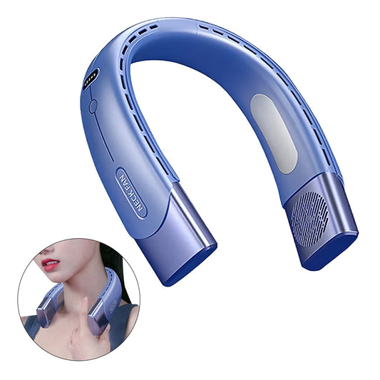 Hanging Neck Fan Wearable Bladeless Fan USB Rechargeable Cooling Fan with 5 Speed Adjustment Blue