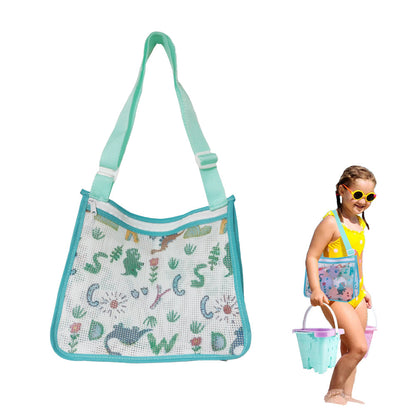 Children Beach Mesh Storage Bag Shell Collection Bag Beach Sand Toy Seashell Bag Green Dinosaur