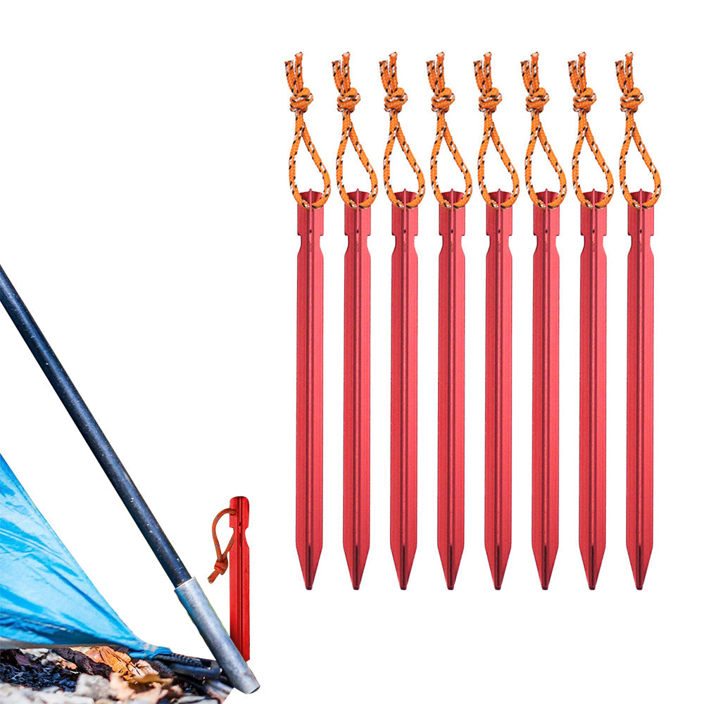 8Pcs Aluminum Alloy Tent Stakes Outdoor Camping Trip Tent Peg with Rope Red