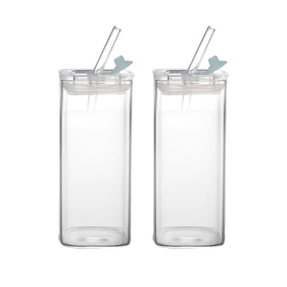 Set of 2Pcs 400ml Clear Glass Cup With Lid And Straw Transparent Milk Coffee Mug Tea Cup