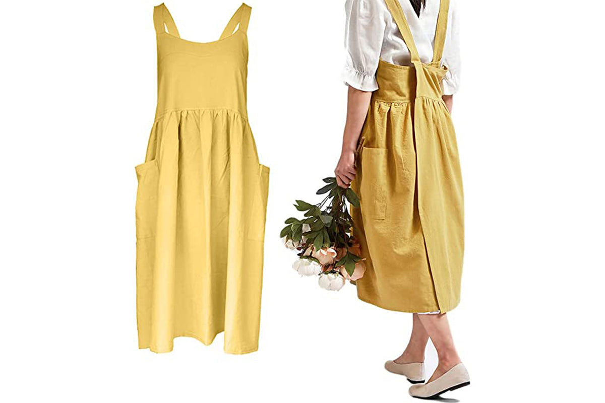 Cotton Linen Aprons Cross Back Apron with Pockets for Women with Pockets Pinafore Dress for Baking Cooking-Yellow