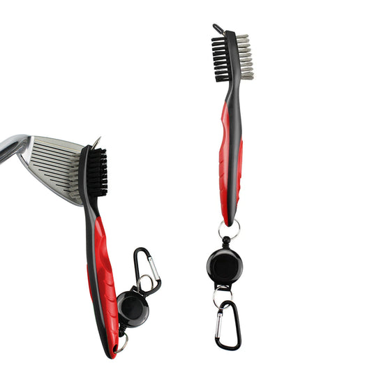 Double Sided Golf Cleaning Brush Club Brush and Groove Brush with Retractable Reel Red