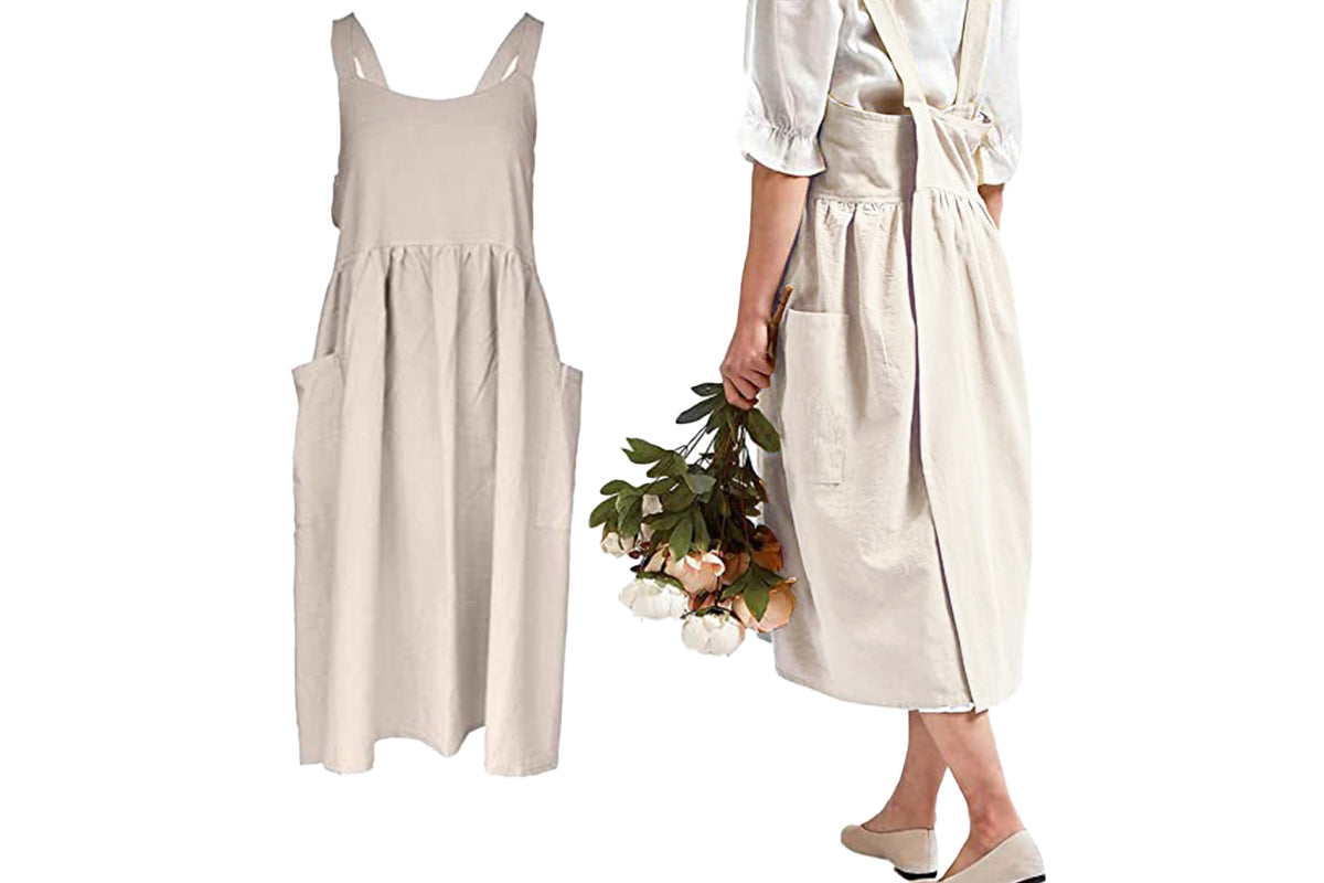Cotton Linen Aprons Cross Back Apron with Pockets for Women with Pockets Pinafore Dress for Baking Cooking-Beige