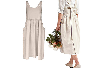 Cotton Linen Aprons Cross Back Apron with Pockets for Women with Pockets Pinafore Dress for Baking Cooking-Beige