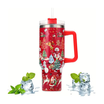 40oz Stainless Steel Christmas Pattern Water Bottle Thermal Mug Travel Tumbler Christmas Gifts Red