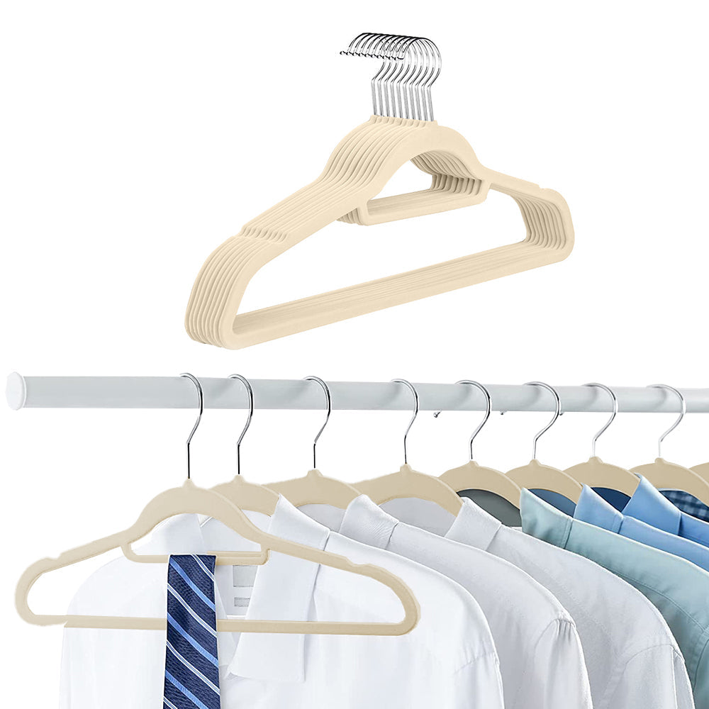 10Pcs Flocked Clothes Hanger Anti-Slip Hanger with 360 Degrees Swivel Hook for Suits Dresses Shirts Beige