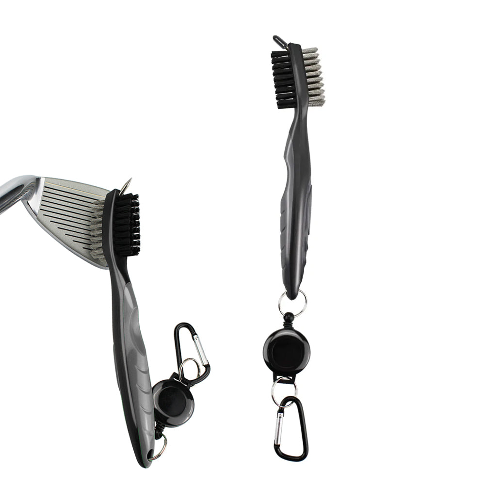 Double Sided Golf Cleaning Brush Club Brush and Groove Brush with Retractable Reel Gray
