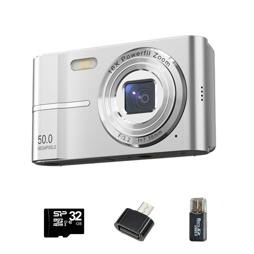 4K Digital Camera Autofocus 50MP HD 1080P Camera for Beginner Student with 32GB Memory Card Silver