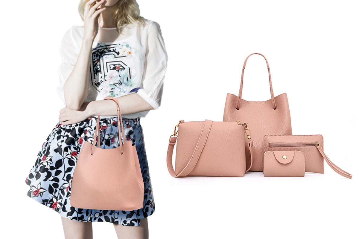 4 Pack Women Soft PU Leather Top Handle Bags Set-Pink