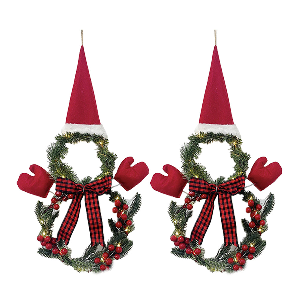 2Pcs Christmas Wreath Door Decoration LED Snowman Shape Wreath with Hat and Bow Home Christmas Decor